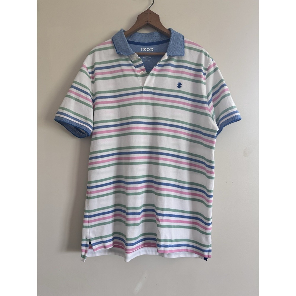 Izod Men's Polo Stretch Pastels Striped Spring Summer Large